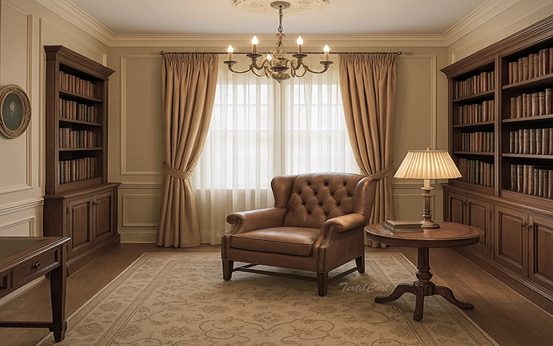 Cortinas clásicas beige en un elegante despacho-biblioteca