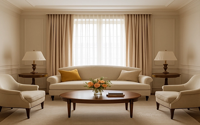Cortinas clásicas en tono arena con visillo suave y caída perfecta