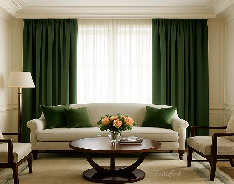 Cortinas clásicas en verde bosque con visillo translúcido