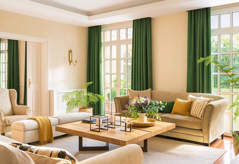 Cortinas clásicas en verde botella para un salón luminoso y elegante
