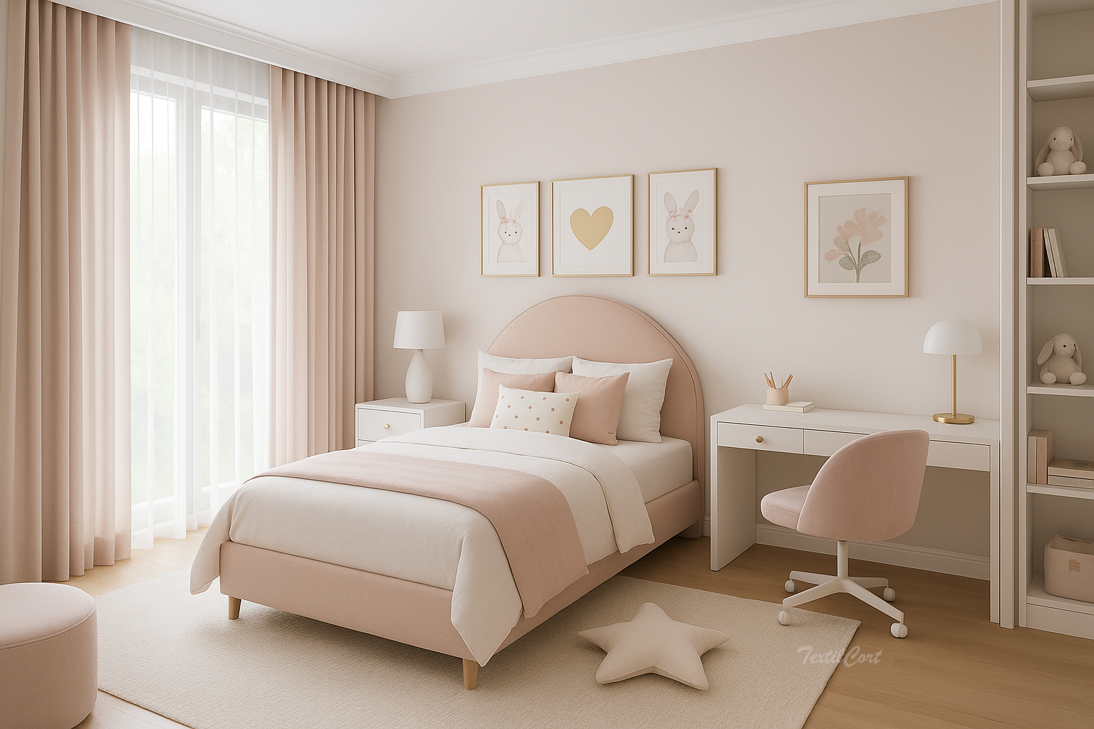 Dormitorio infantil rosa empolvado con cortinas contemporáneas a juego