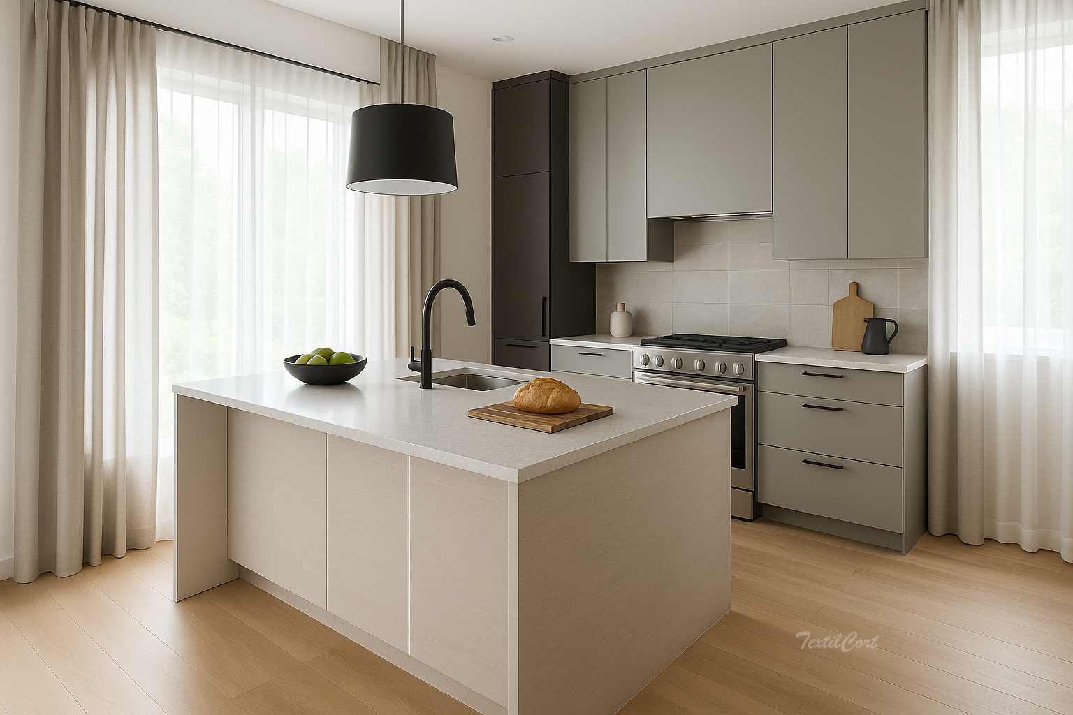 Cocina contemporánea en tonos topo con cortinas beige translúcidas