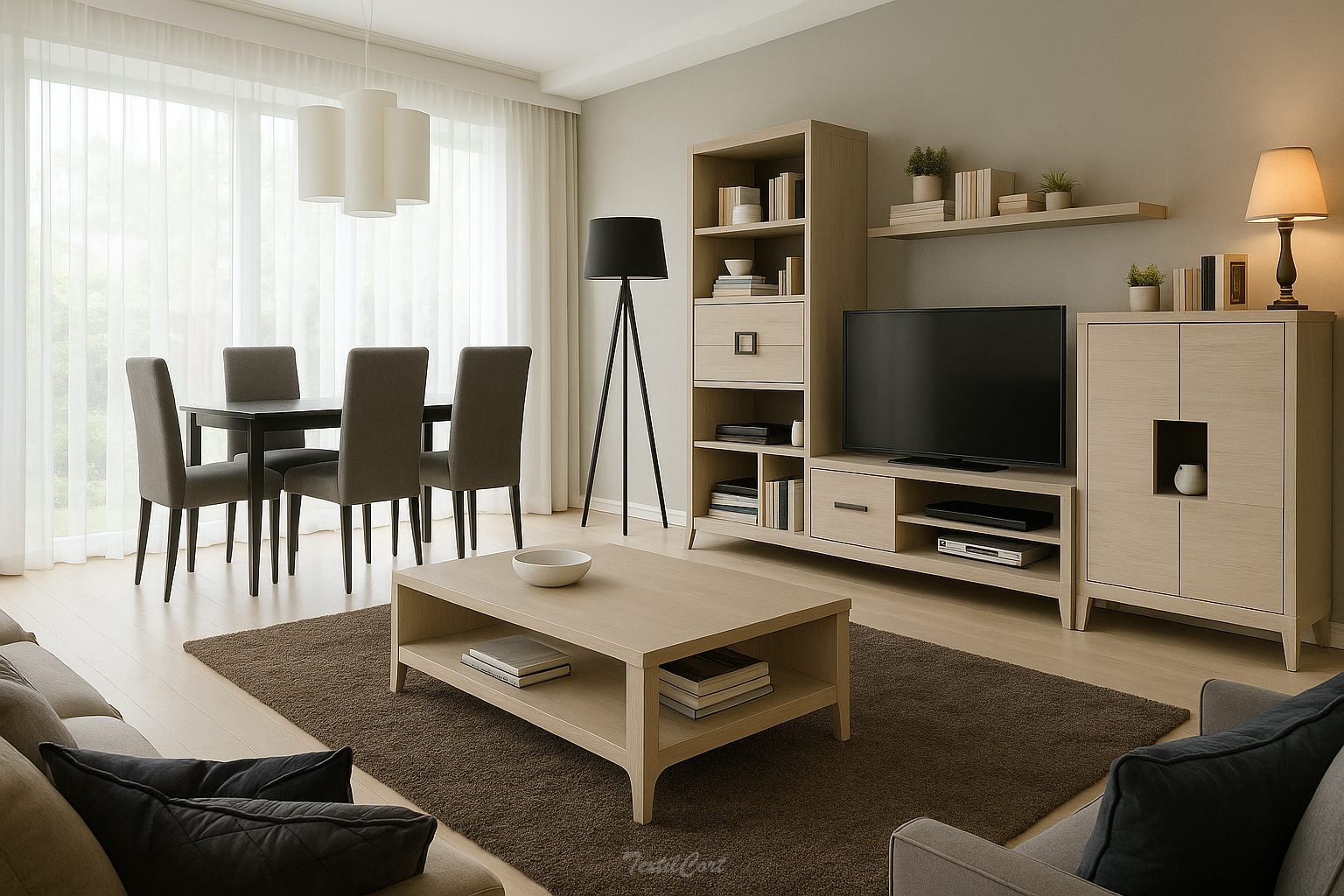 Salón comedor contemporáneo con cortinas blancas vaporosas