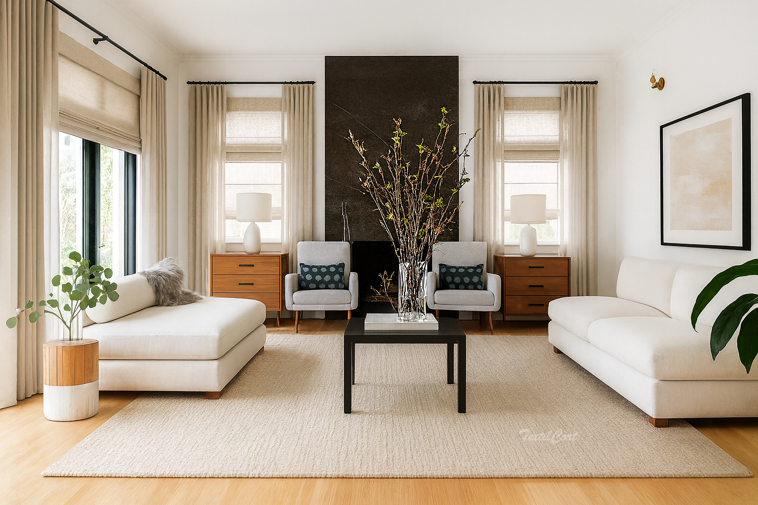 Salón contemporáneo elegante con cortinas dobles