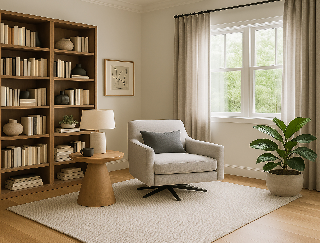 Rincón de lectura con cortinas neutras