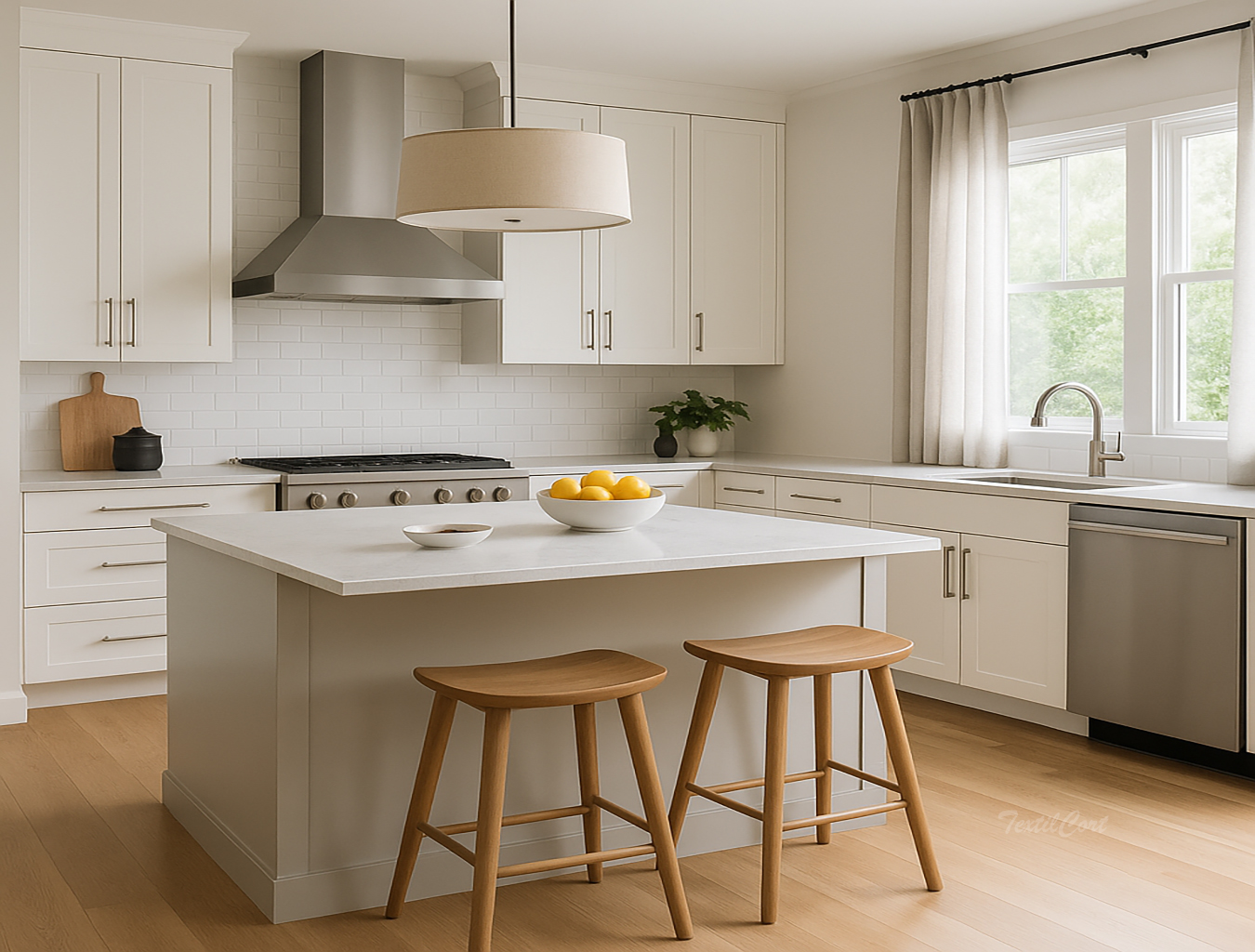 Cocina contemporánea con cortinas claras