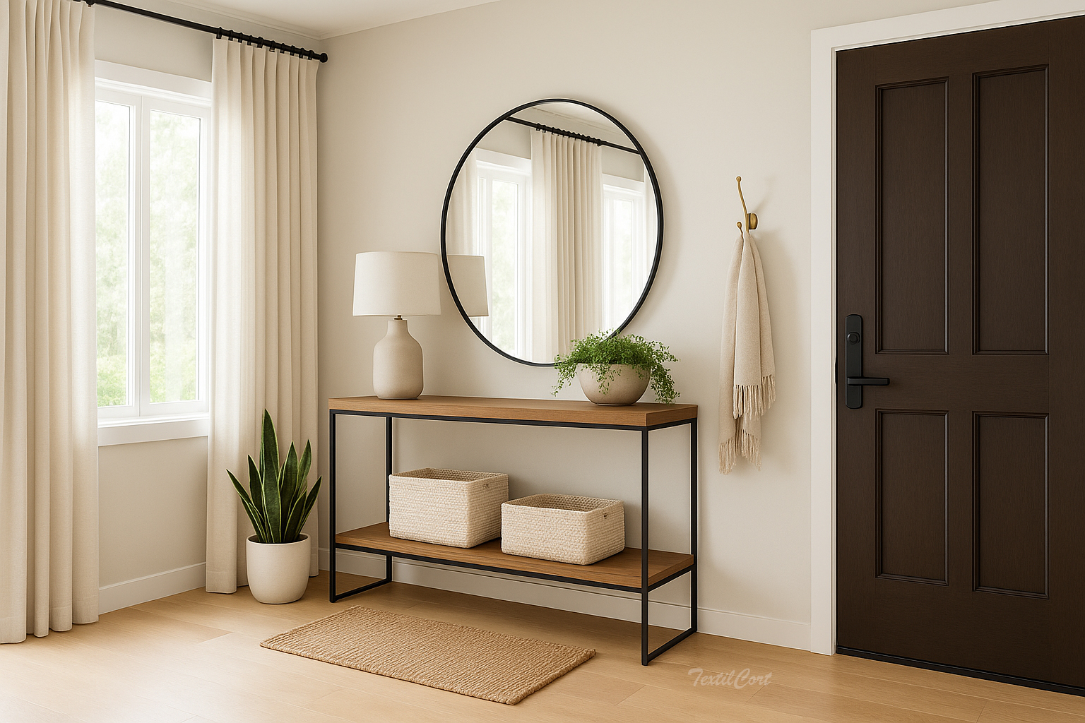 Recibidor con cortinas y decoración contemporánea