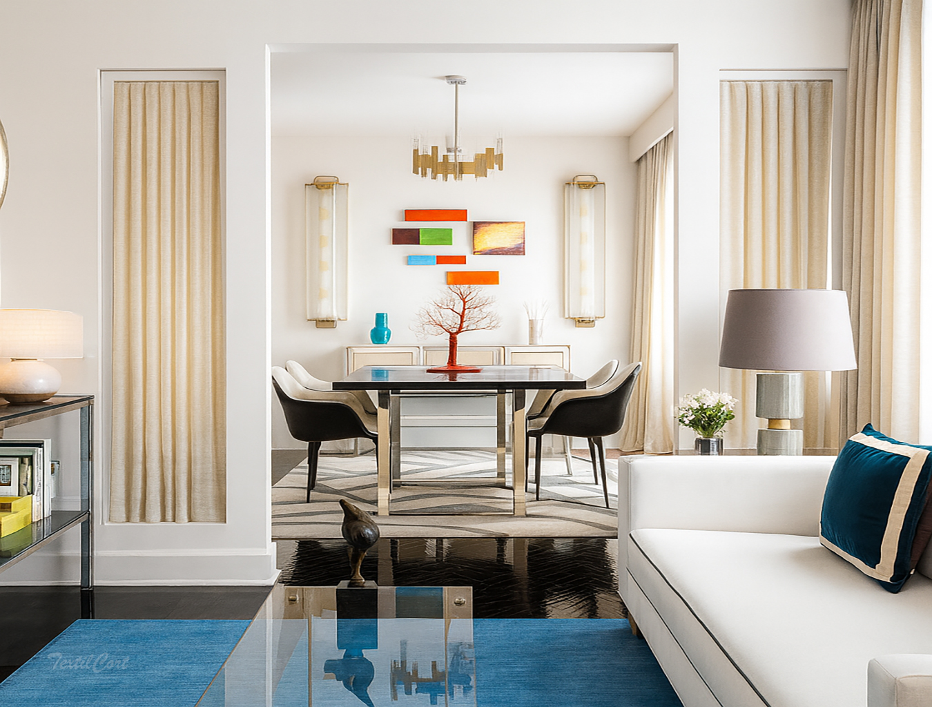 Cortinas contemporáneas en salón neutro con visillos y estores combinados