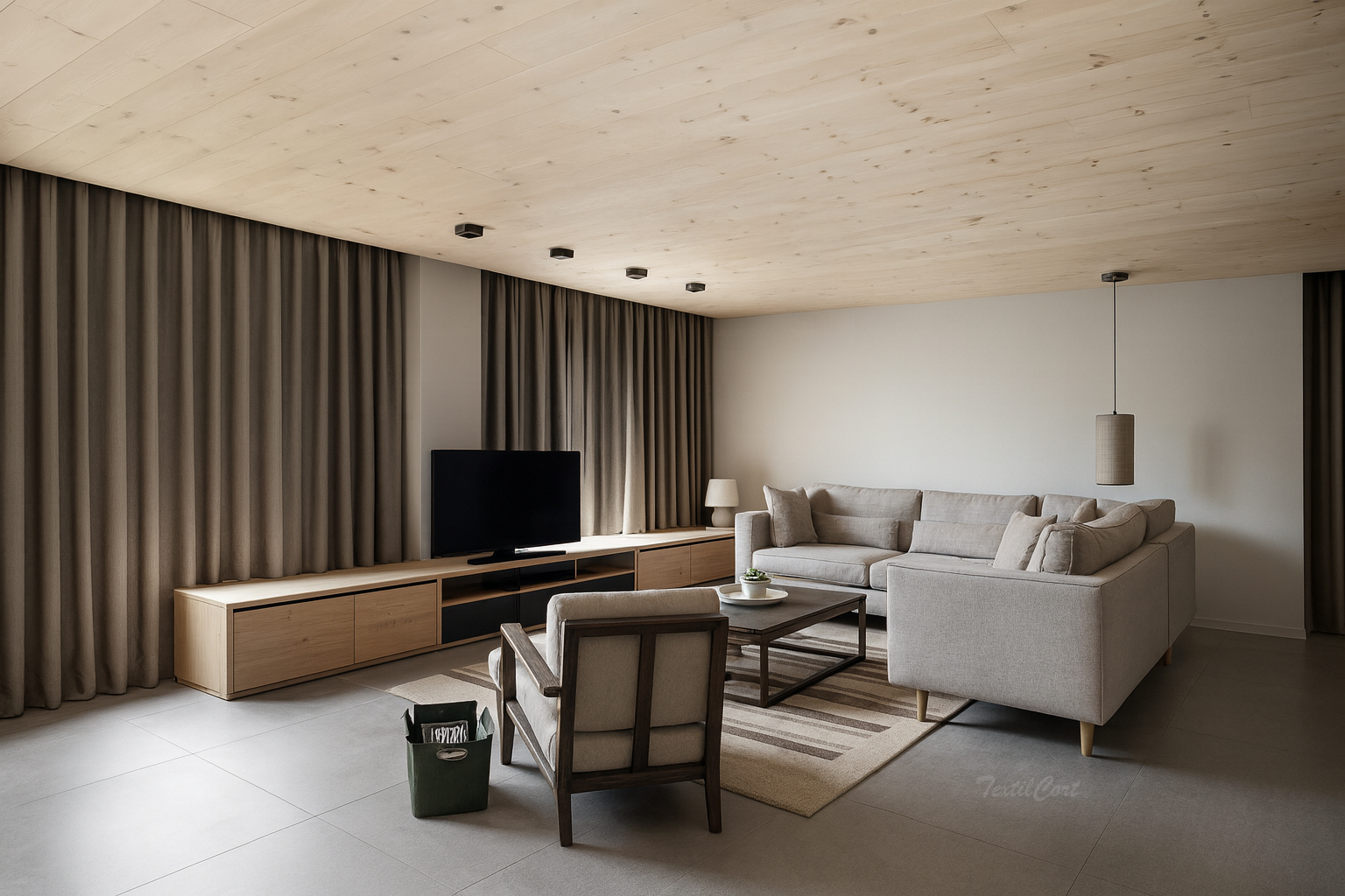 Cortinas contemporáneas gris oscuro en salón de líneas minimalistas