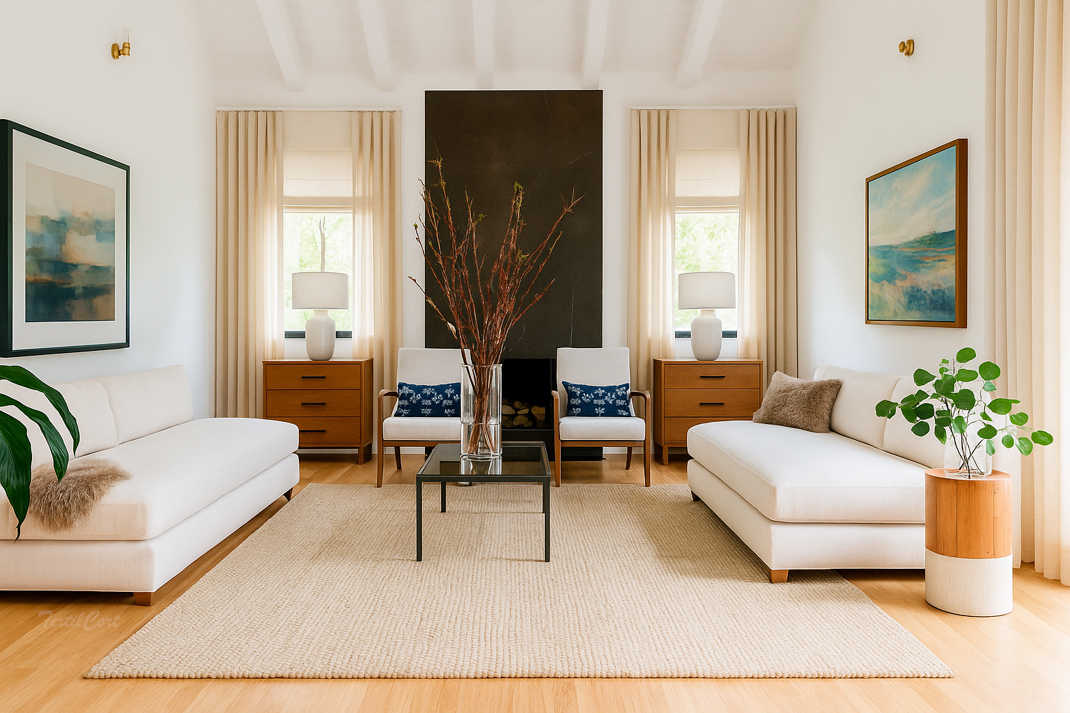 Cortinas contemporáneas beige con visillos translúcidos y ambiente luminoso