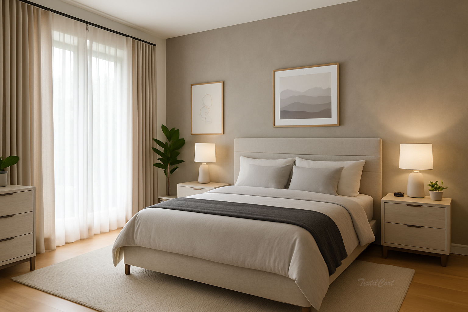 Dormitorio contemporáneo con cortinas beige y visillos blancos