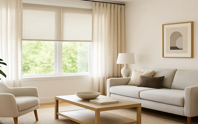 Salón con cortinas estilo contemporáneo