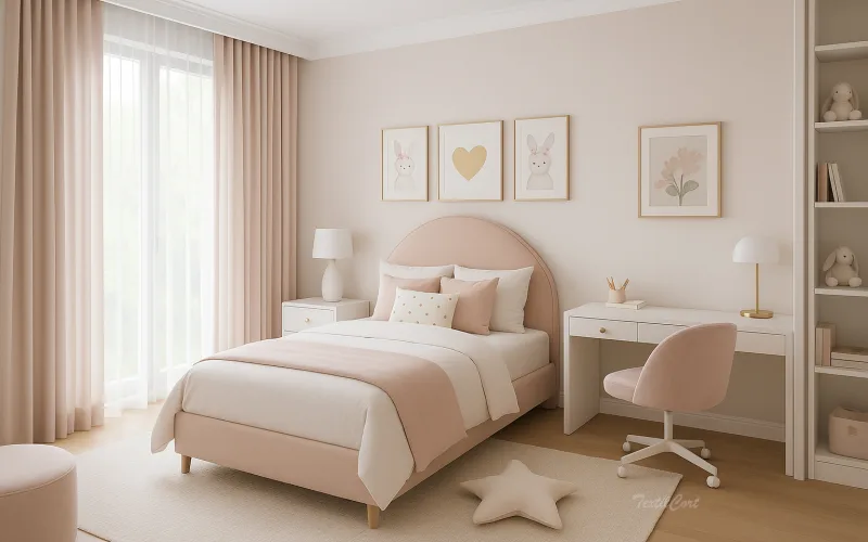 Dormitorio infantil rosa empolvado con cortinas contemporáneas a juego