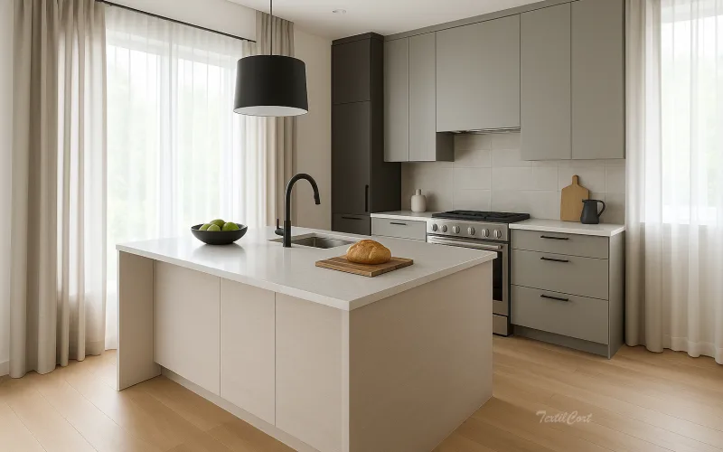 Cocina contemporánea en tonos topo con cortinas beige translúcidas
