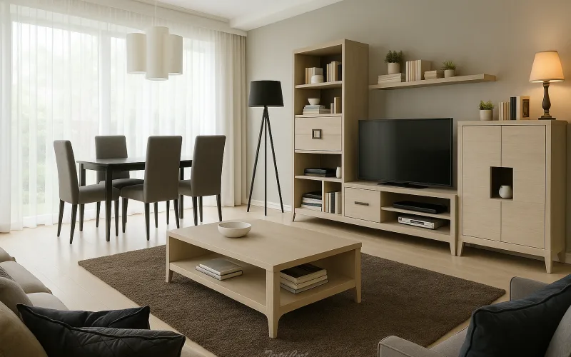 Salón comedor contemporáneo con cortinas blancas vaporosas