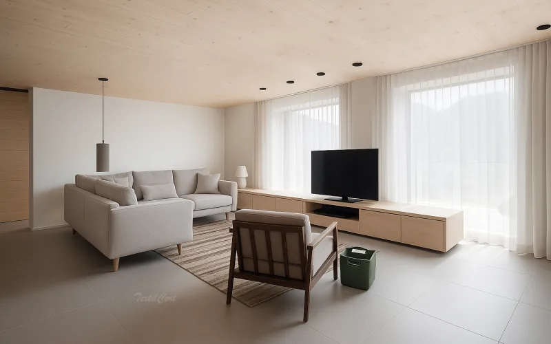 Salón contemporáneo minimalista con cortinas ligeras
