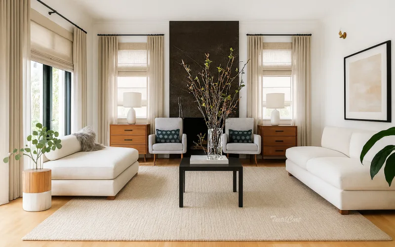 Salón contemporáneo elegante con cortinas dobles