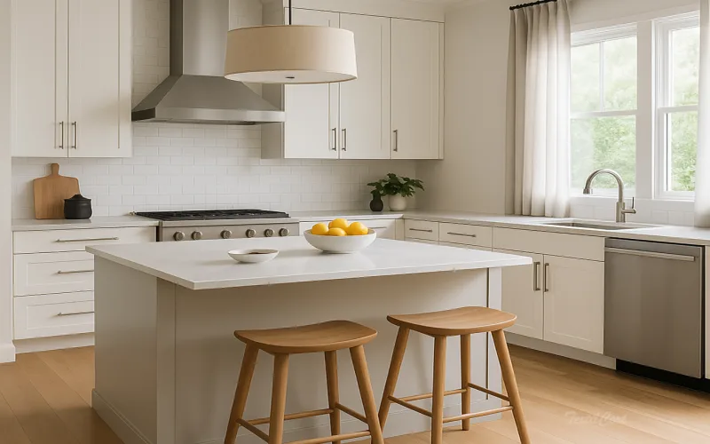 Cocina contemporánea con cortinas claras