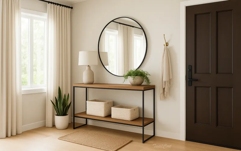 Recibidor con cortinas y decoración contemporánea