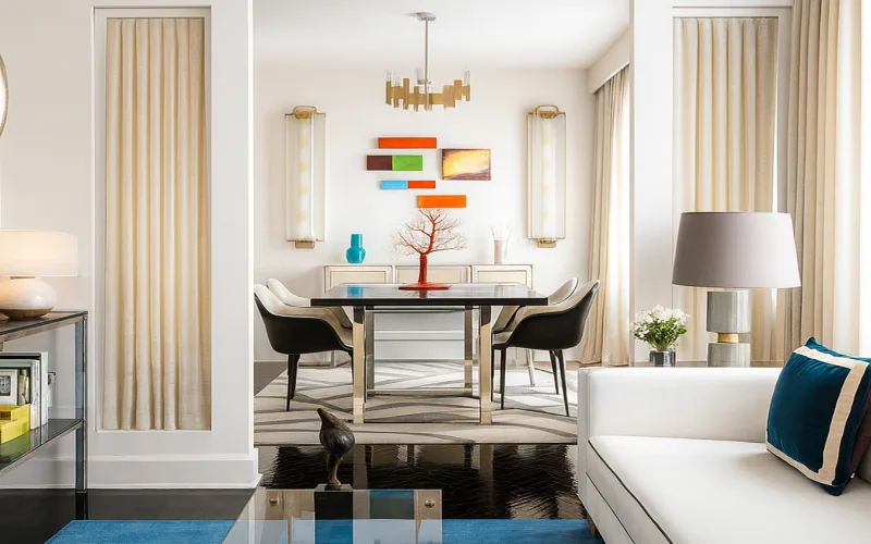 Cortinas contemporáneas en salón neutro con visillos y estores combinados