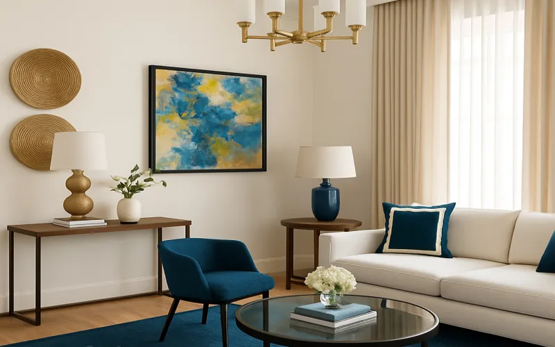 Cortinas contemporáneas beige con visillo blanco y detalles azul petróleo