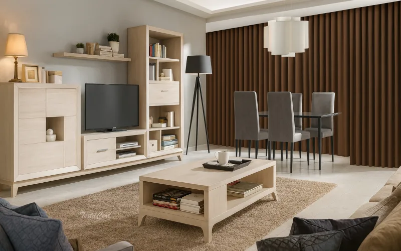 Cortinas contemporáneas marrón chocolate con textura gruesa y caída vertical