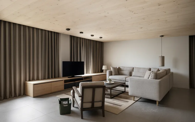 Cortinas contemporáneas gris oscuro en salón de líneas minimalistas
