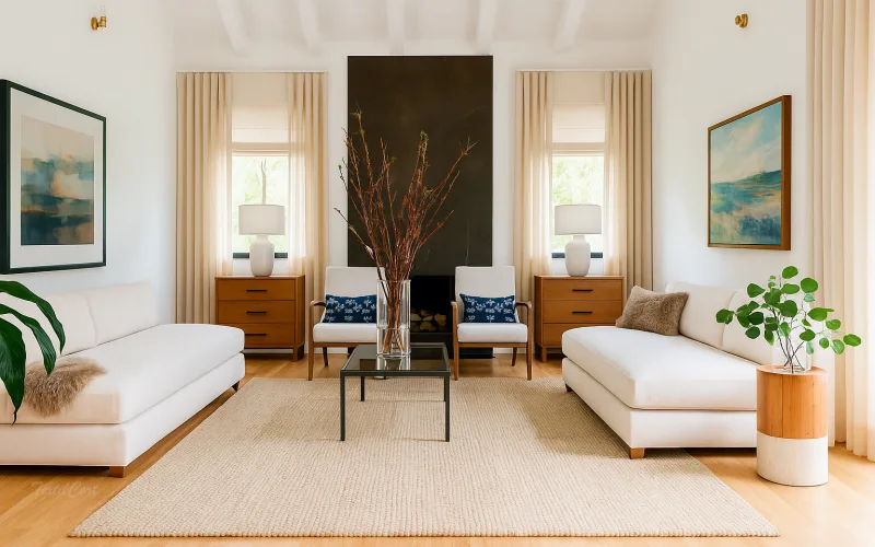 Cortinas contemporáneas beige con visillos translúcidos y ambiente luminoso