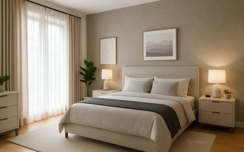 Dormitorio contemporáneo con cortinas beige y visillos blancos