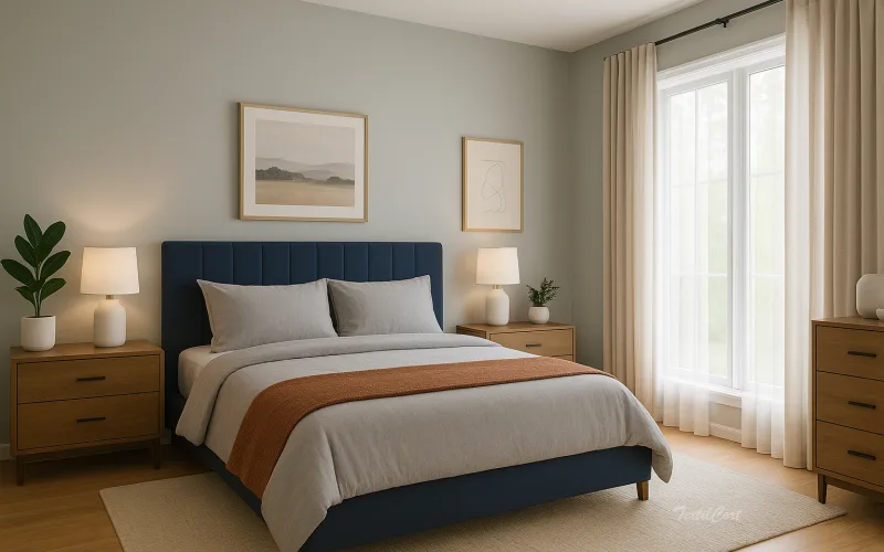 Dormitorio contemporáneo con cortinas beige y cabecero azul marino