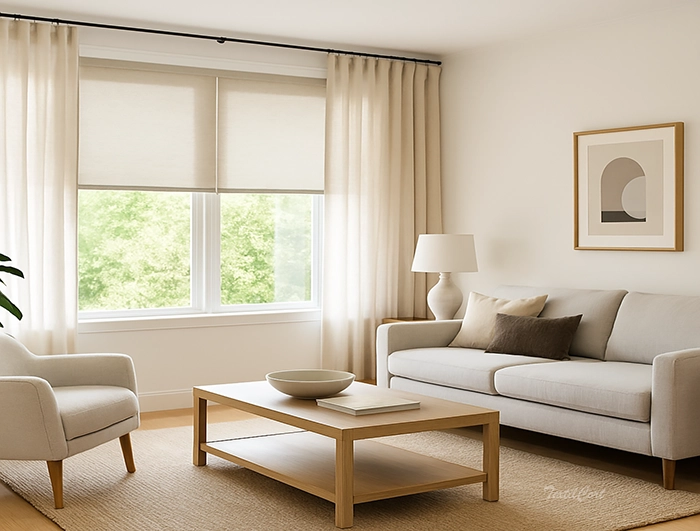 Cortinas contemporáneas con visillos y estores enrollables