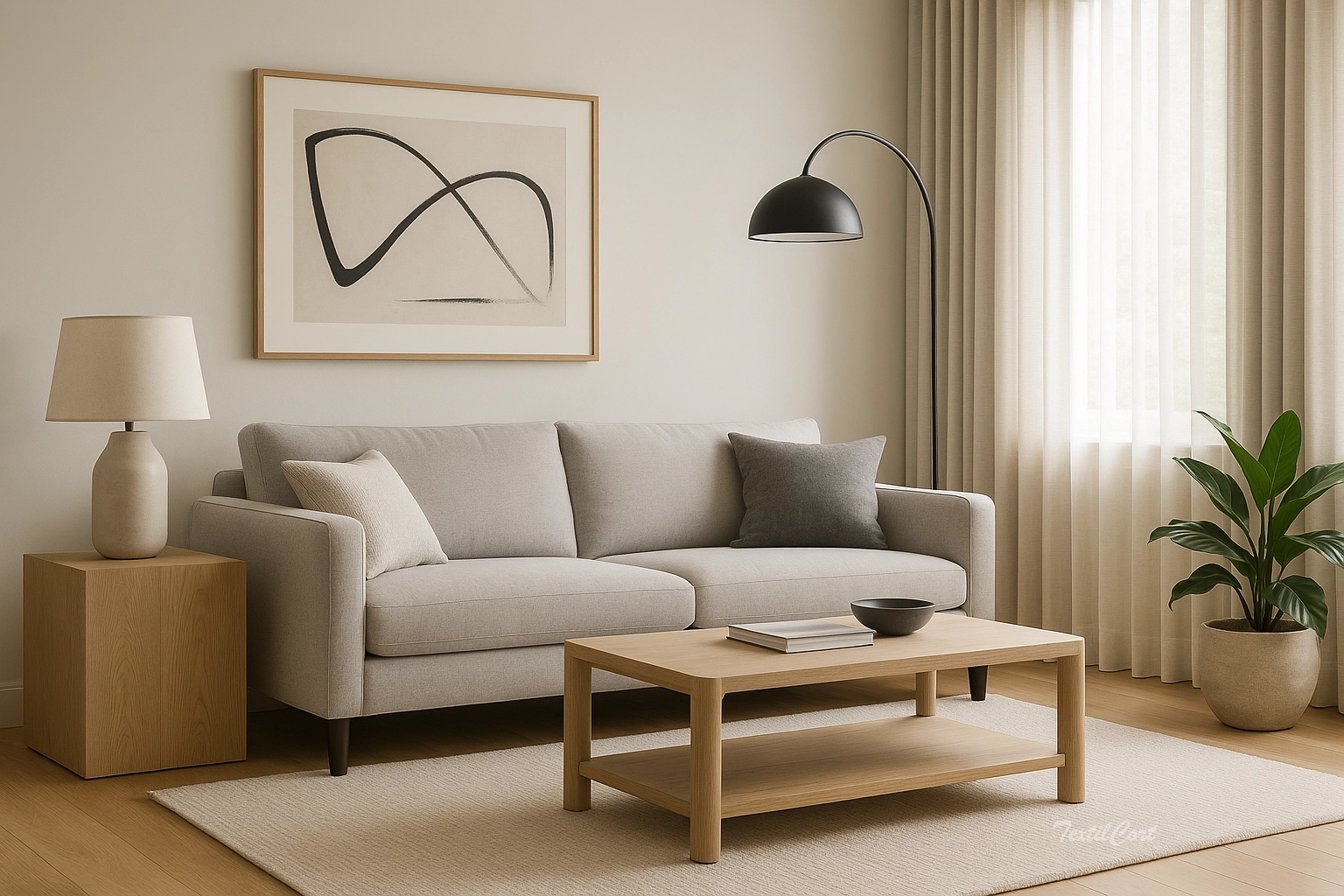 Salón minimalista con cortinas beige contemporáneas y decoración neutra