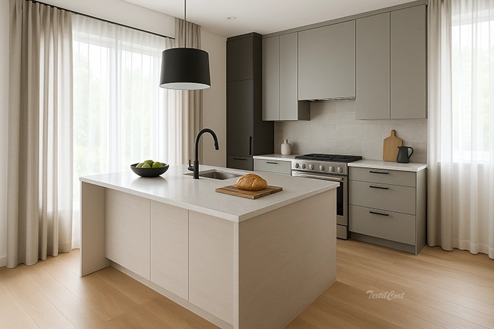 Cocina contemporánea en tonos topo con cortinas beige translúcidas