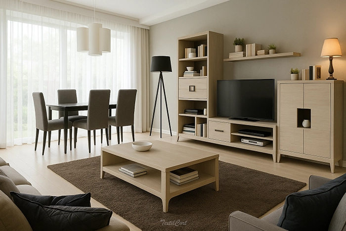 Salón comedor contemporáneo con cortinas blancas vaporosas
