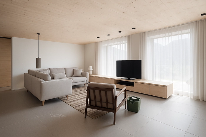 Salón contemporáneo minimalista con cortinas ligeras