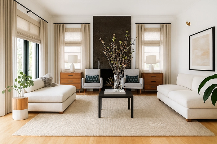 Salón contemporáneo elegante con cortinas dobles