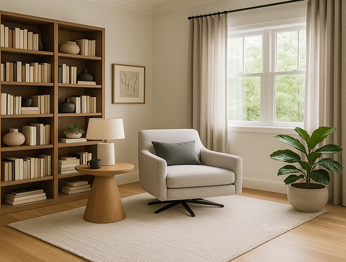 Rincón de lectura con cortinas neutras