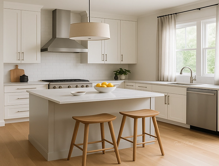 Cocina contemporánea con cortinas claras