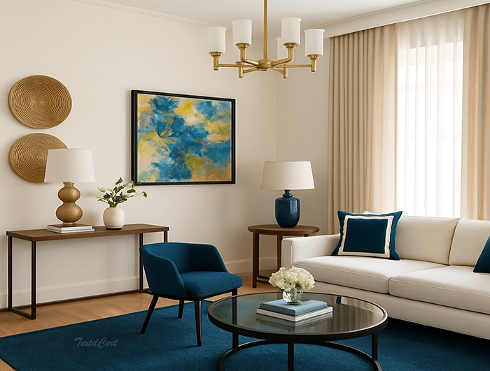 Cortinas contemporáneas beige con visillo blanco y detalles azul petróleo