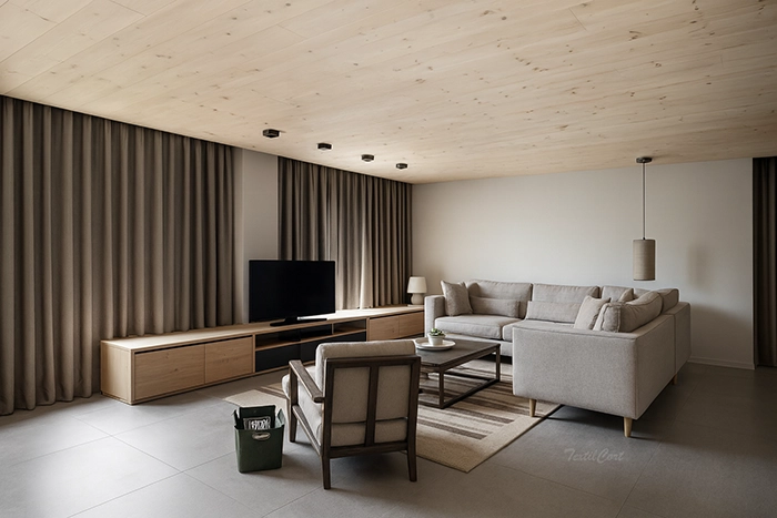 Cortinas contemporáneas gris oscuro en salón de líneas minimalistas