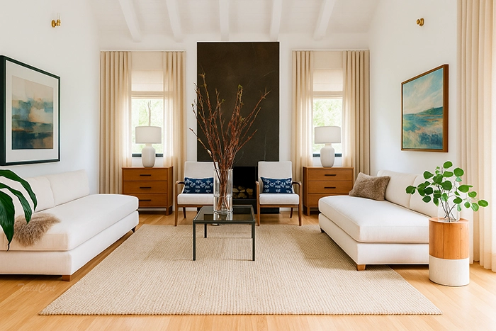 Cortinas contemporáneas beige con visillos translúcidos y ambiente luminoso