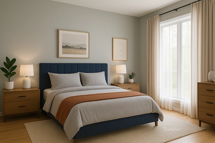 Dormitorio contemporáneo con cortinas beige y cabecero azul marino