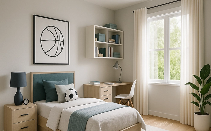 Dormitorio juvenil contemporáneo con cortinas crudas y mobiliario en madera clara