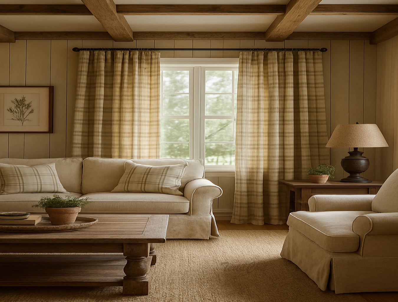 Cortinas estilo country a cuadros beige y visillos claros