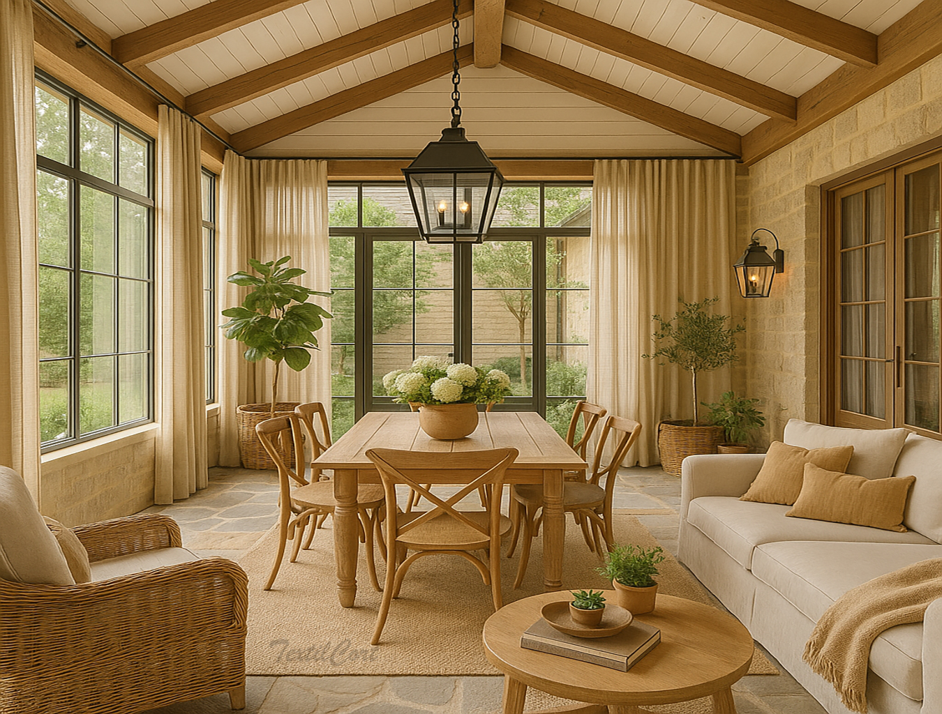 Galería acristalada estilo country con cortinas beige y mobiliario de madera