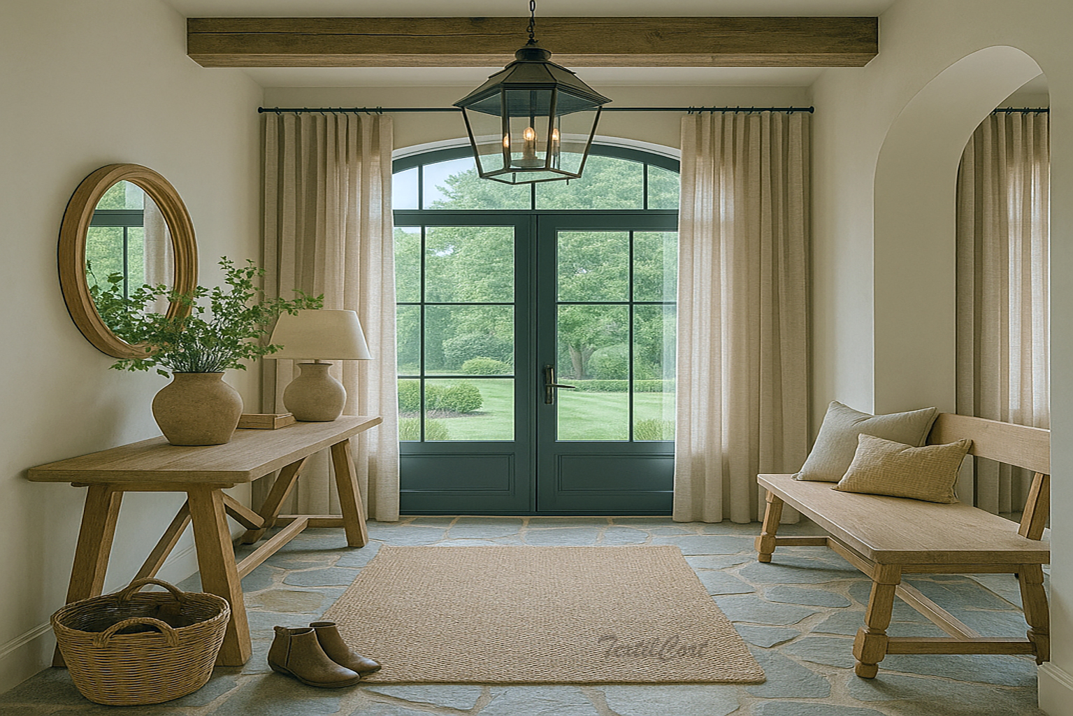 Entrada estilo country con cortinas beige y mobiliario en madera natural