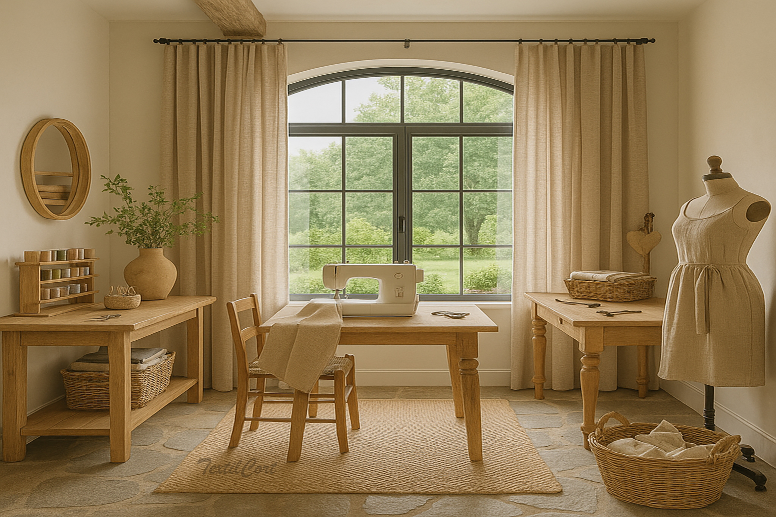 Sala de costura estilo country con cortinas beige y mobiliario de madera