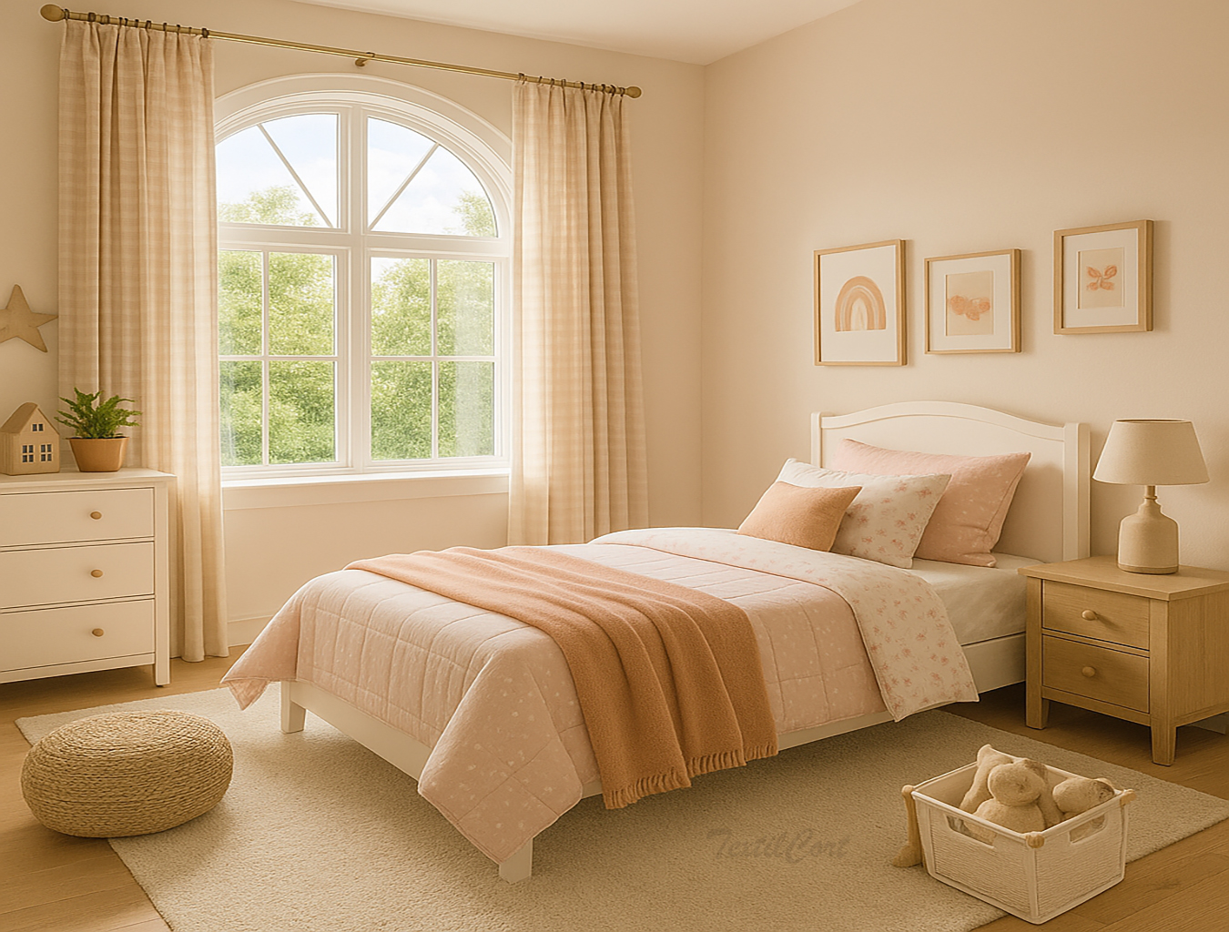 Dormitorio infantil estilo country en tonos rosa y cortinas a cuadros