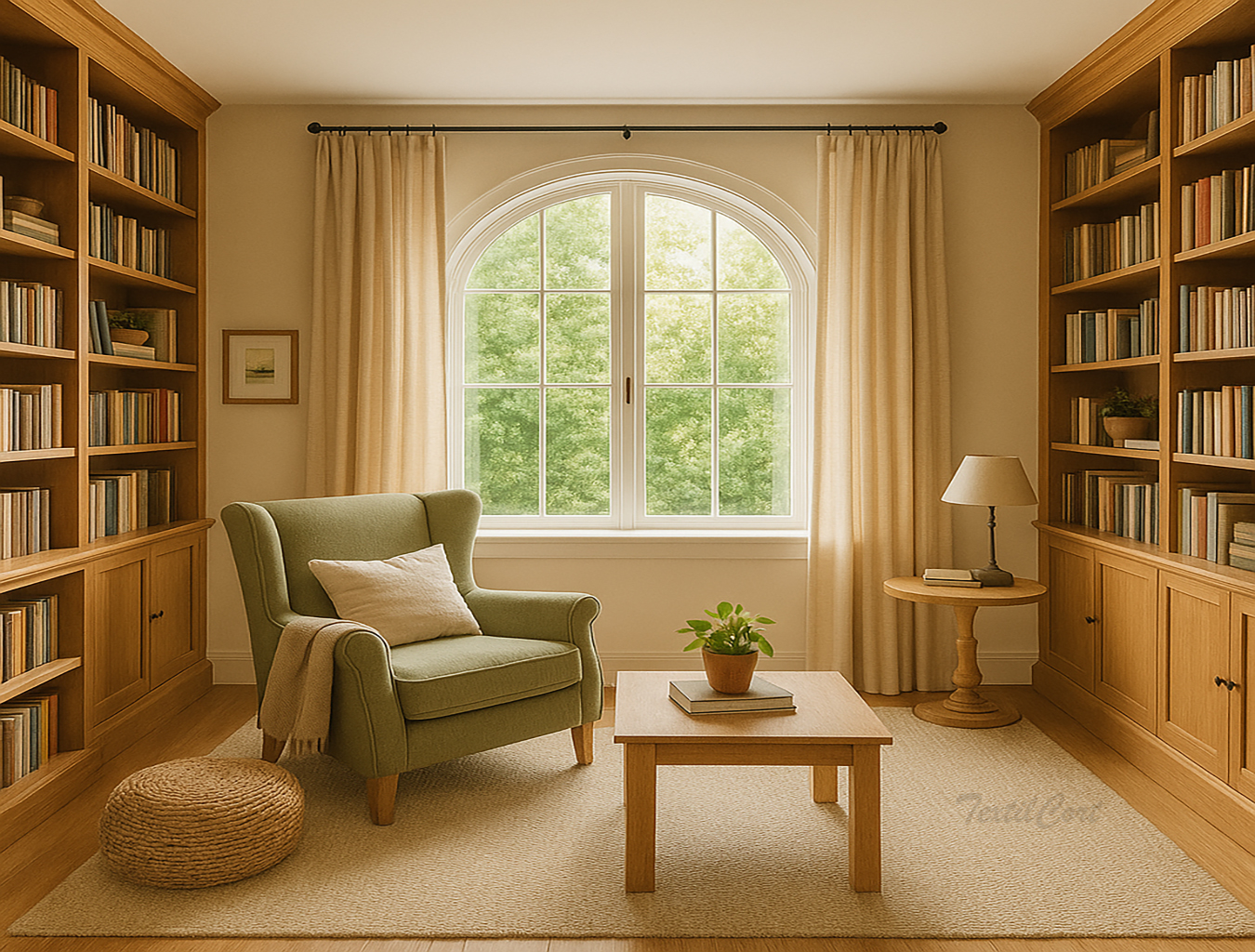Sala de lectura estilo country con butaca y cortinas beis