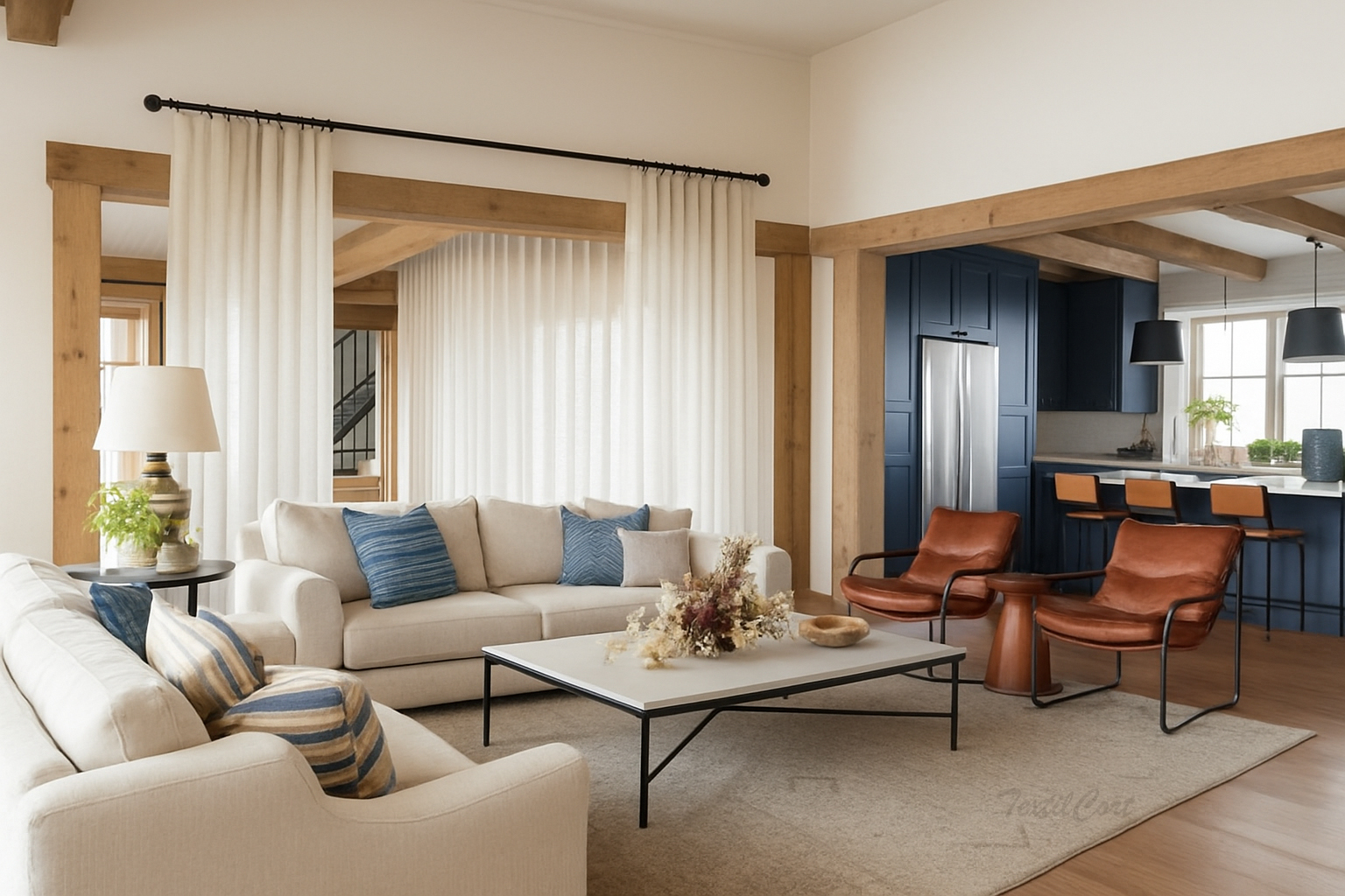 Cortinas estilo country en visillo blanco con varilla negra vista